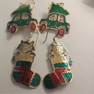 Two Hands- Lot of 2 Enameled Christmas Earrings - Cat in Stocking, Car w Tree